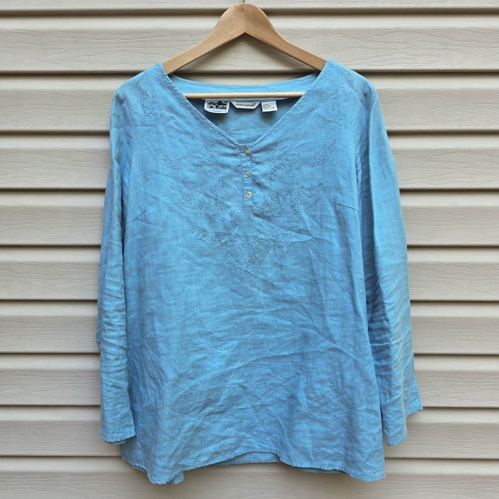 Richard Malcolm Irish Linen Tunic Top Women's M Blue Embroidered Long Sleeve